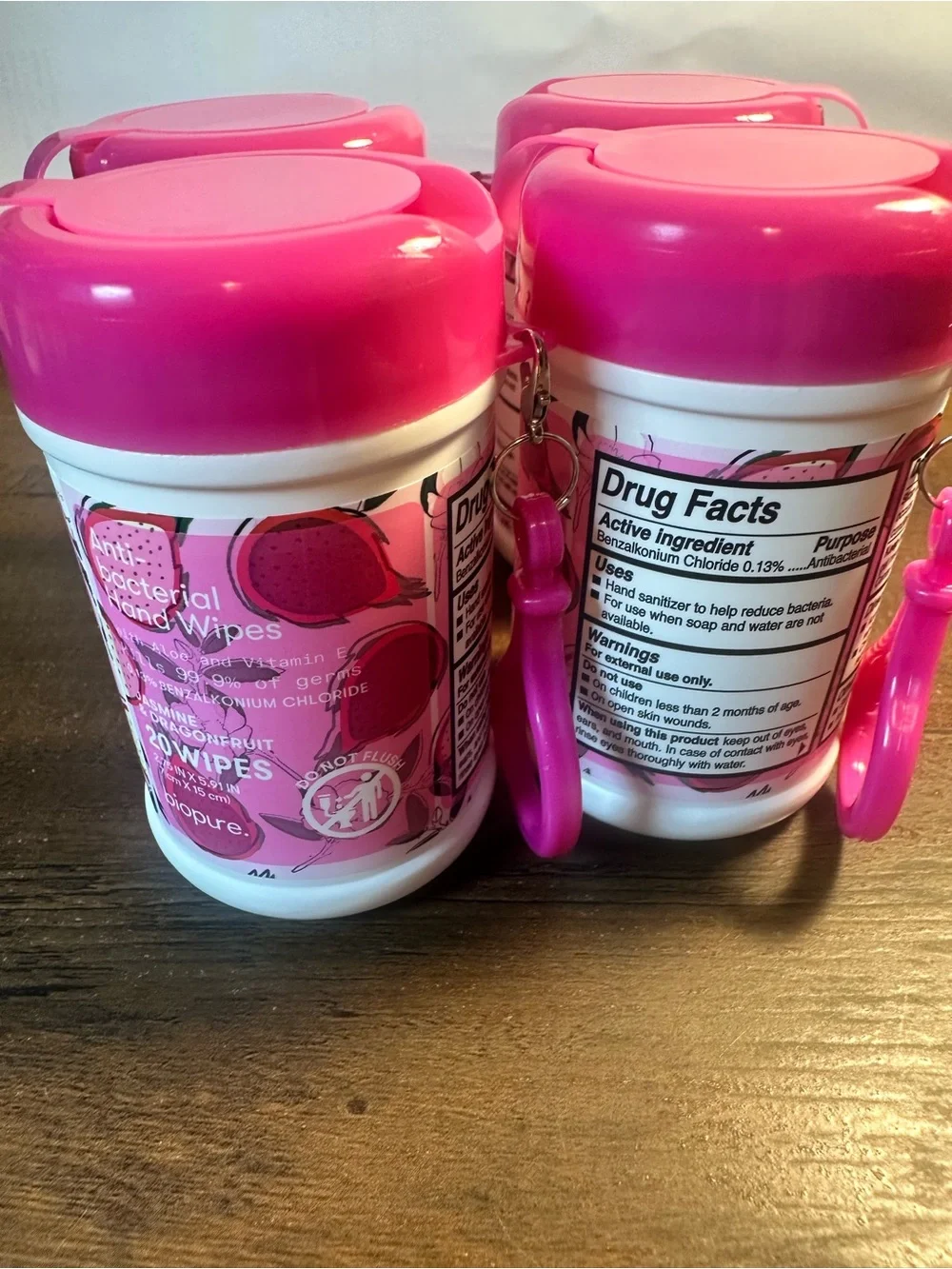 Biopure Keychain 20 Ct Antibacterial Hand Wipes Jasmine & Dragonfruit Scent 4 Pk